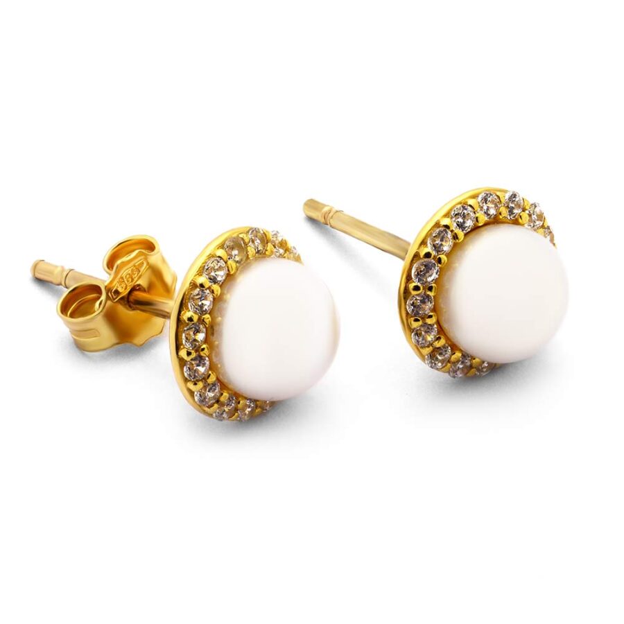 Złote kolczyki perła z cyrkoniami, złote kolczyki 585 z perłą, złote kolczyki z perłą sztyft,